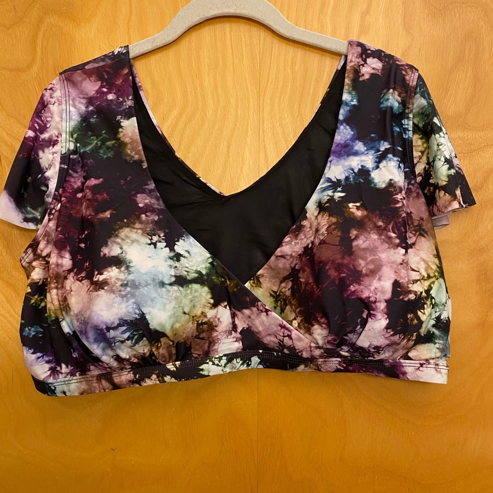 Torrid Purple Pink Cosmic Wrap Crop Bikini Short Sleeve Swim Bathing Suit Top
